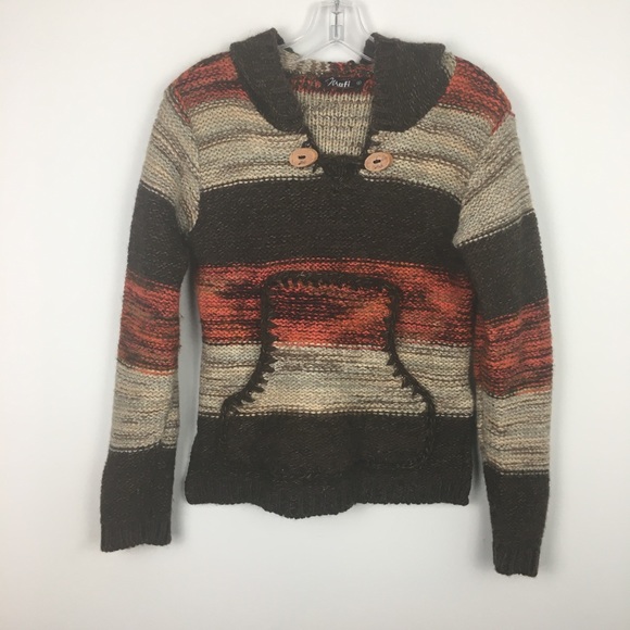 Mafi Chile Wool Hooded Sweater Sz Small Brown Striped Kangaroo Pocket Gorpcore - Picture 1 of 10